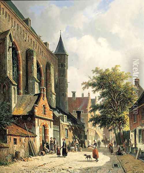 Straatje te Edam Townsfolk in a sunlit street Oil Painting - Adrianus Eversen