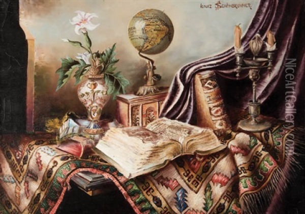 Still Life With Globe And Candelabra Oil Painting - Ignaz Schoenbrunner the Elder