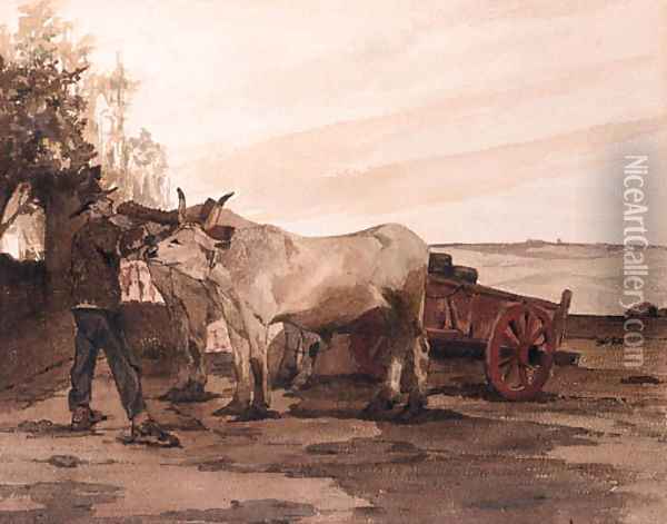 Oxen in a Field with a Farmer adjusting their Harness Oil Painting - Giovanni Fattori