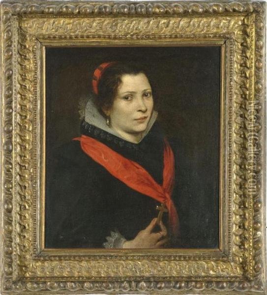 Ritratto Di Dama Con Nastro Di Seta Rossa E Croce Oil Painting - Sir Anthony Van Dyck