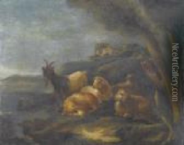 Bukolische Landschaft Mit Schafen Und Ziege Oil Painting - Salvator Rosa