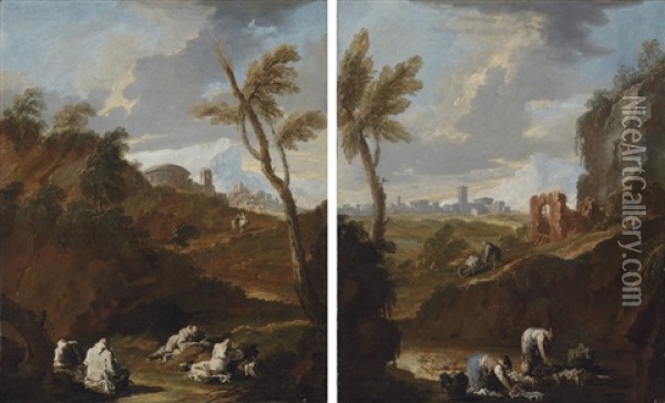 Monks Studying In A Landscape (+ Washerwomen By A Stream; Pair) Oil Painting - Alessandro Magnasco