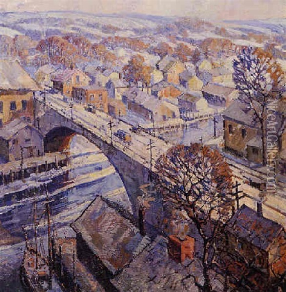 Aerial View Of City In Winter Oil Painting - Bernard E. Peters