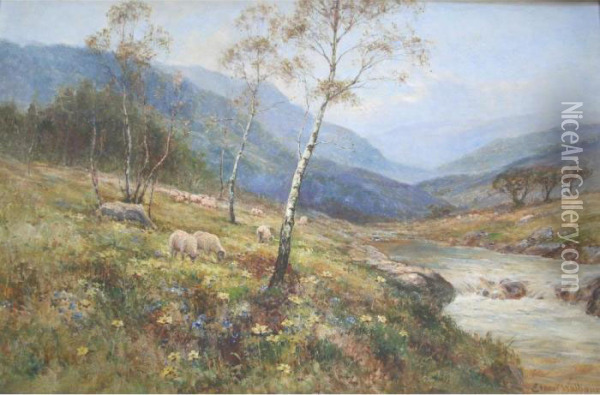 Sheep Grazing By A River Oil Painting - Ernst Walbourn