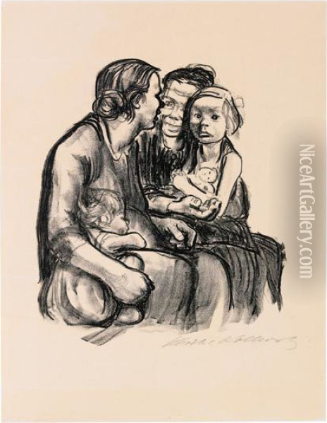 Zwei Schwatzende Frauen Mit Zwei Kindern Oil Painting - Kathe Kollwitz
