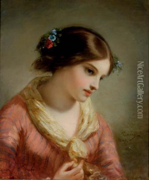 Portrait Of A Girl With Flowers In Her Hair Oil Painting - Pierre-Joseph Dedreux-Dorcy