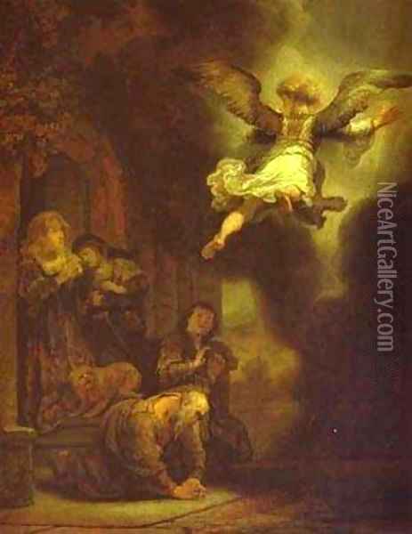 The Archangel Leaving The Family Of Tobias 1637 Oil Painting - Harmenszoon van Rijn Rembrandt
