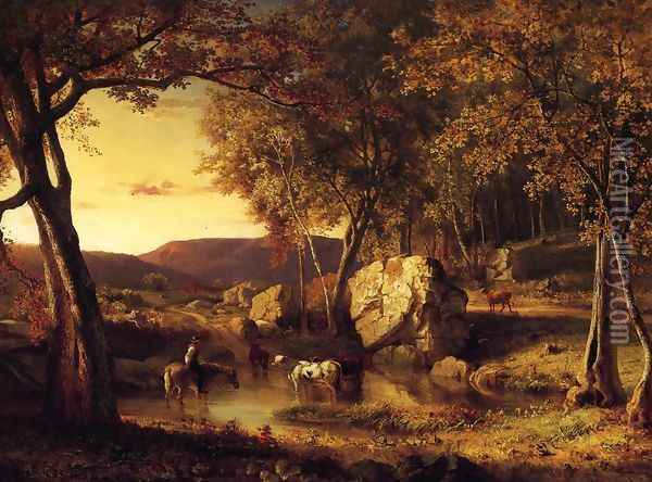 Summer Days Cattle Drinking Late Summer Early Autumn Oil Painting - George Inness