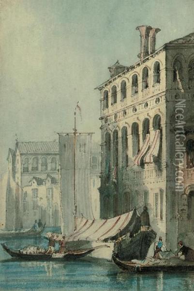 Gondalas Before A Palazzo On The Grand Canal, Venice Oil Painting - Samuel Prout