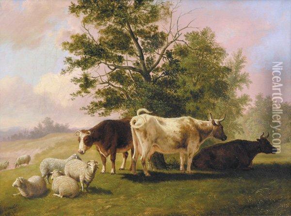 Cows And Sheep Resting Oil Painting - Thomas Hewes Hinckley