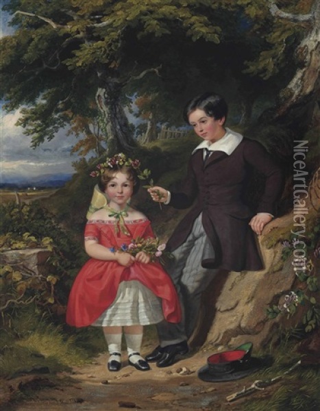 The Children Of John Harvey Esq., Gathering Wild Flowers Oil Painting - Jacob Thompson