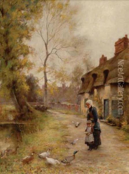 Village River Path With Thatchedcottages Behind, Mother And Child Feeding Ducks And Pigeons Atriver Edge On Canvas. Oil Painting - Valentine, Val Davis