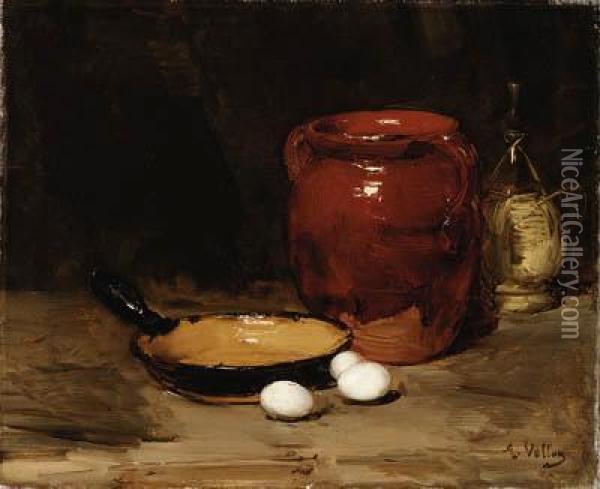 Still Life With A Pan, A Jug, A Bottle And Eggs On A Table
Signed 'a. Vollon' (lower Right) Oil Painting - Antoine Vollon