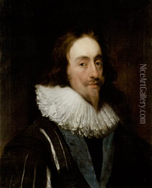 Portrait Of Charles I In A Slashed Dark Blue Tunic, Ruff And The Ribbon Of The Order Of The Garter Oil Painting - Daniel Mytens the Elder