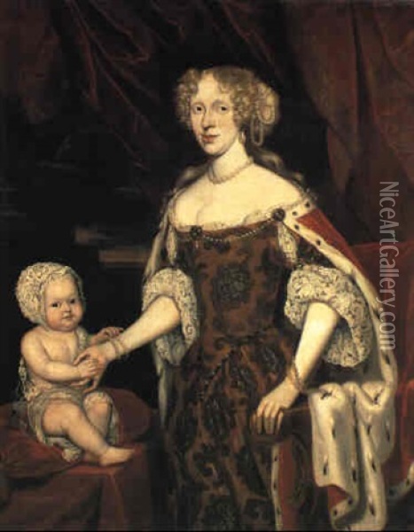 Portrait Of Gr,fin Bose (?) With A Child Seated Beside Her Oil Painting - Constantyn Netscher