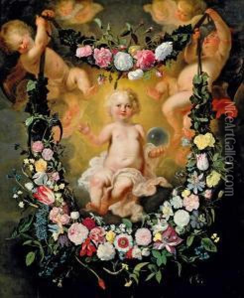 Blumengirlande Mit Christuskind Oil Painting - Cornelis I Schut