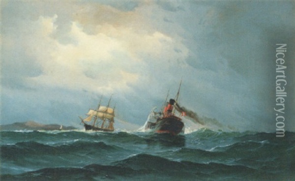 A Danish Paddle Steamer And A Three-masted Barque Passing In The Channel Oil Painting - Vilhelm Victor Bille