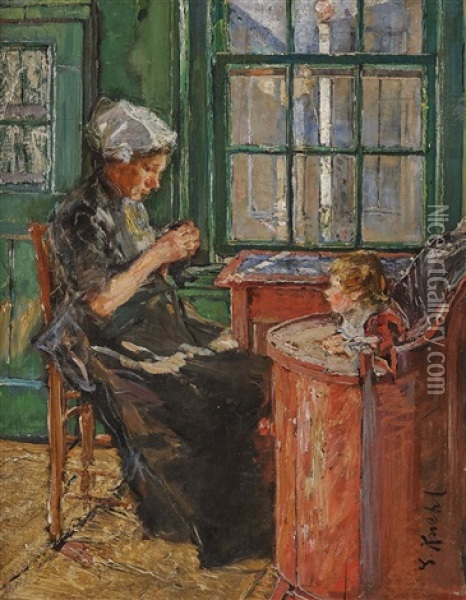 Dutch Seamstress With Child At The Window Oil Painting - Gotthardt Johann Kuehl
