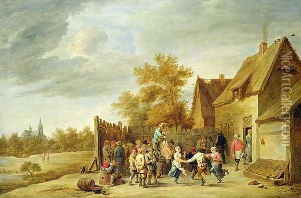 Peasants Dancing Outside an Inn Oil Painting - David The Younger Teniers