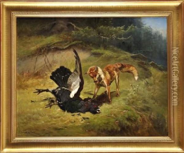 Renard Et Coq De Bruyere Oil Painting - Jules Bertrand Gelibert