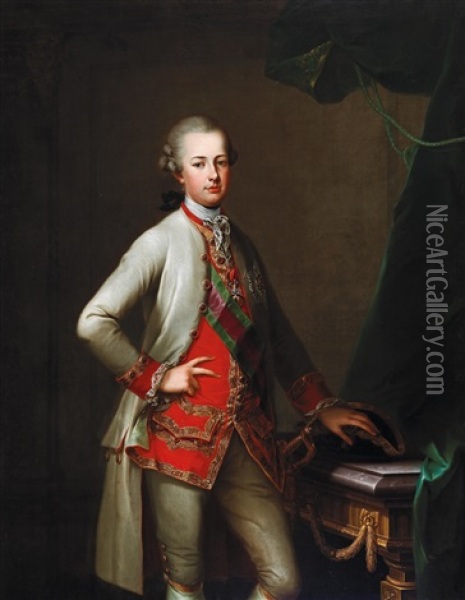 Portrait Of Grand Duke Pietro Leopoldo Of Tuscany With The Collar Of The Order Of The Golden Fleece And The Star And Ribbon Of The Royal Hungarian Order Of Saint Stephen, Established In 1764 Oil Painting - Joseph Hickel