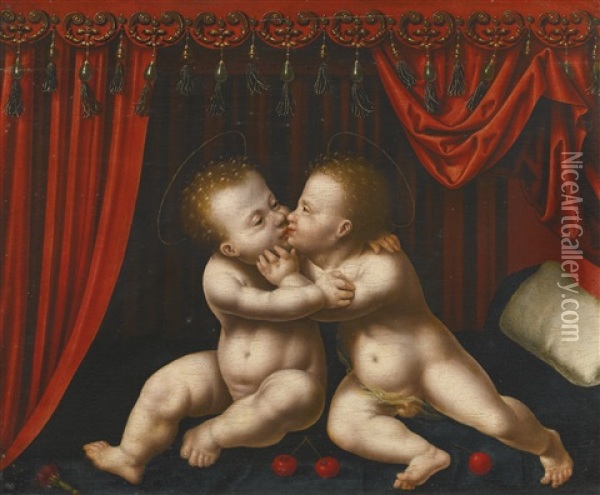 The Infants Christ And John The Baptist Embracing Oil Painting - Joos Van Cleve