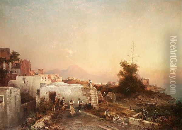 Musicians Before A House, With The Bay Of Naples Beyond Oil Painting - Franz Richard Unterberger