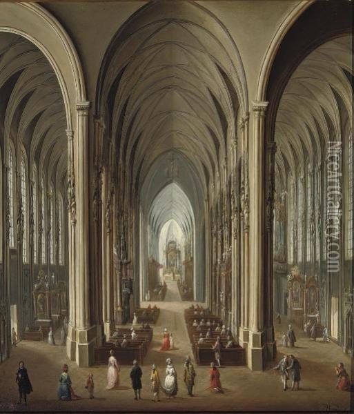 A Gothic Church Interior With A Mass In Progress Oil Painting - Johann Andreas Herrlein