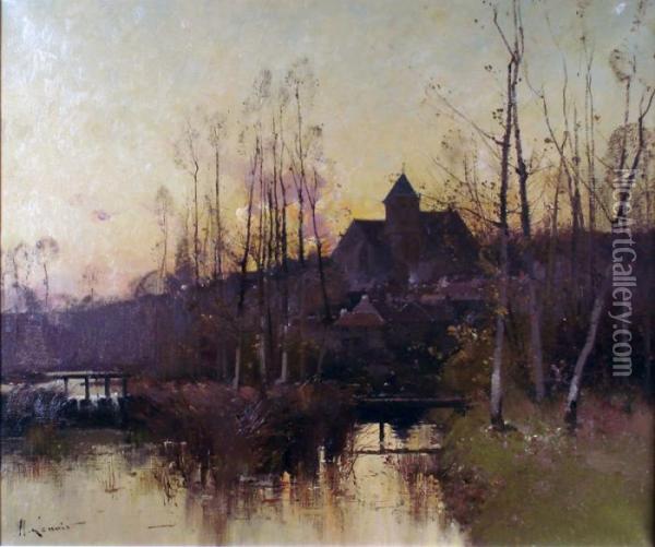 Paysage Au Soleil Couchant A Montigny Oil Painting - Eugene Galien-Laloue