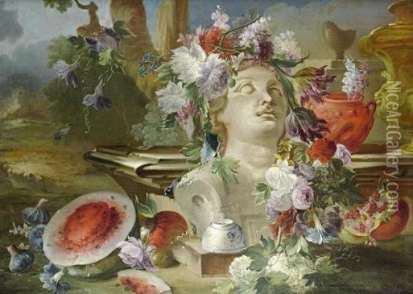 Flowers Garlanded Around A Marble Bust, With A Melon And Pomegranates In A Park Landscape Oil Painting - Francesco Lavagna