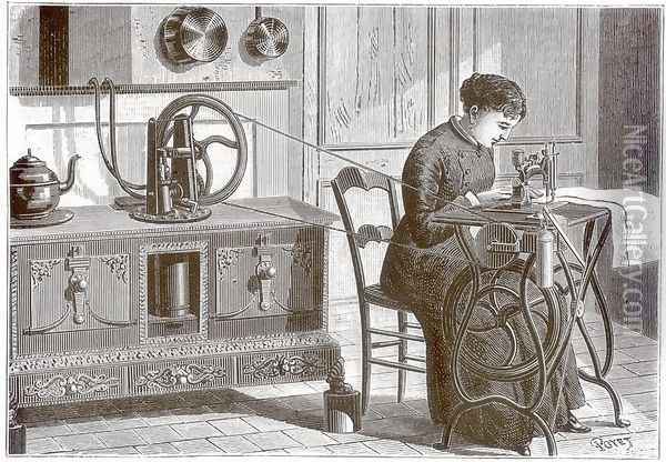 Daussins steam motor, heated on the kitchen stove, being used to power a sewing machine, from La Nature, published 1883 Oil Painting - Louis Poyet