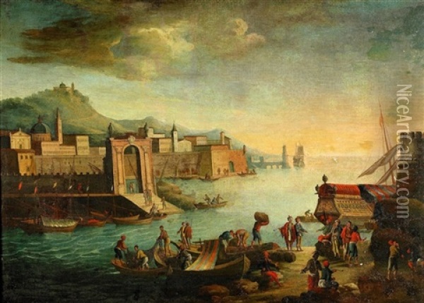Hamnvy Vid Medelhavet Oil Painting - Adriaen Van Der Cabel