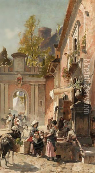Gathering At The Water Fountain Oil Painting - Franz Theodor Aerni