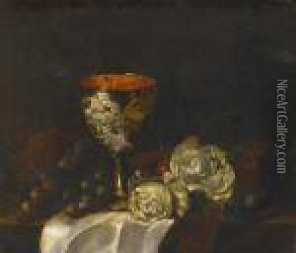 Still Life With Roses, Grapes And Cup Oil Painting - Edward Ladell
