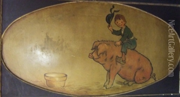 Petit Garcon Sur Un Cochon Oil Painting - Francisque Poulbot