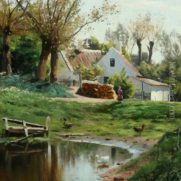 A Small Girl, A Rooster And Ducks At The Village Pond Oil Painting - Peder Mork Monsted