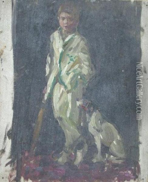 A Young Cricketer With His Dog. Oil Painting - Norman Garstin