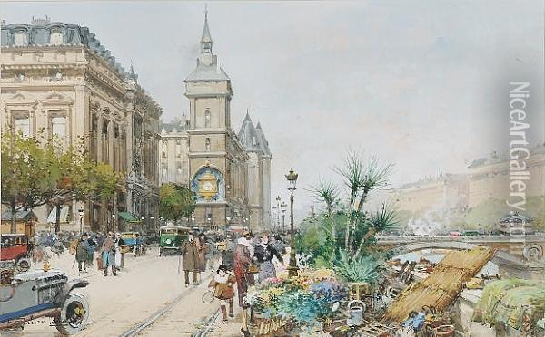 Flower Market On The Seine Oil Painting - Eugene Galien-Laloue