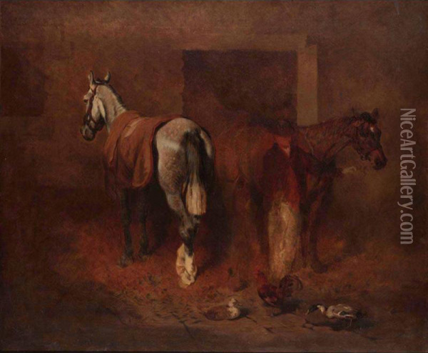 Two Horses With Groom In Stable Oil Painting - Benjamin Herring