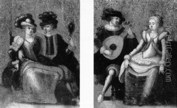 Allegories Of Sight And Sound: A Seated Couple & A Seated Couple, The Gentleman Playing A Mandolin Oil Painting - Louis de Caullery
