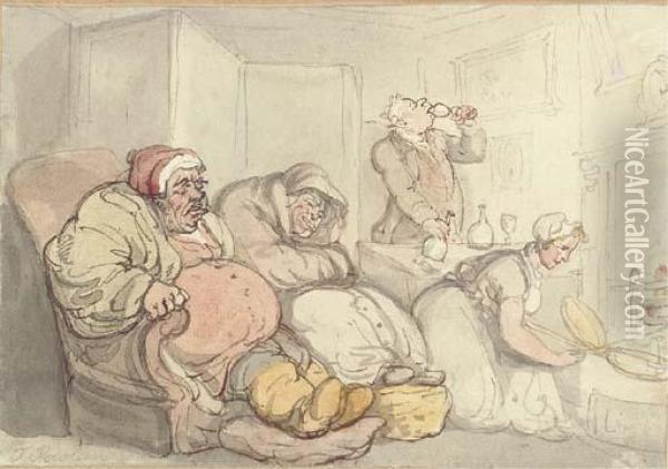Almost Bed Time & The Butler Clearing The Table Oil Painting - Thomas Rowlandson
