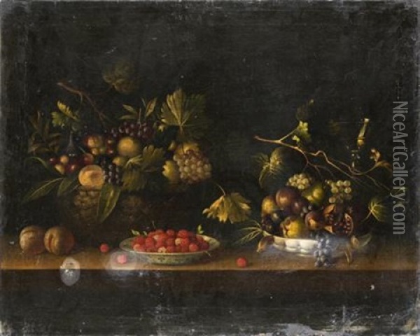 Nature Morte Au Panier, A La Coupe De Fruits Et A L'assiette De Framboises Oil Painting - Paul Dorival