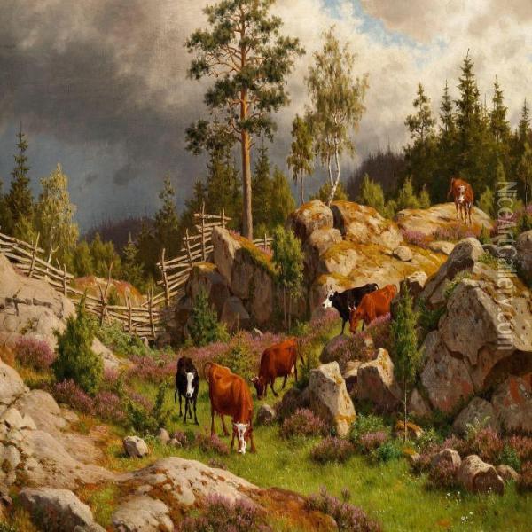 Swedish Landscape With Grazing Cows Oil Painting - Carl Henrik Bogh
