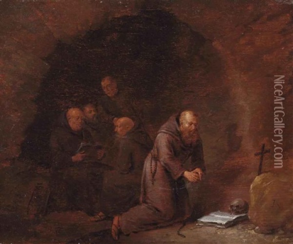 A Group Of Hermit Monks In A Grotto Oil Painting - Egbert van Heemskerck the Elder