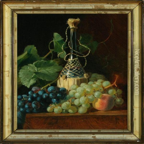 Still Life With Wine Bottle, Peach And Grapes Oil Painting - Niels Peter Rasmussen