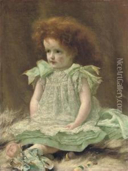Portrait Of The Artist's Daughter, Seated Full-length, In A Turquoise Dress, A Doll At Her Feet Oil Painting - Richard Thomas Moynan