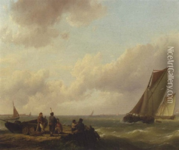 Fishermen On A Jetty With Sailing Vessels Approaching Oil Painting - Hermanus Koekkoek the Elder