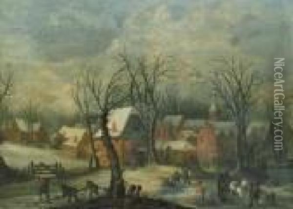 A View Of A Village In Winter 
With Woodgatheres At Work Andtravellers With A Horse And Wagon On A 
Snowy Path Oil Painting - Joos De Momper