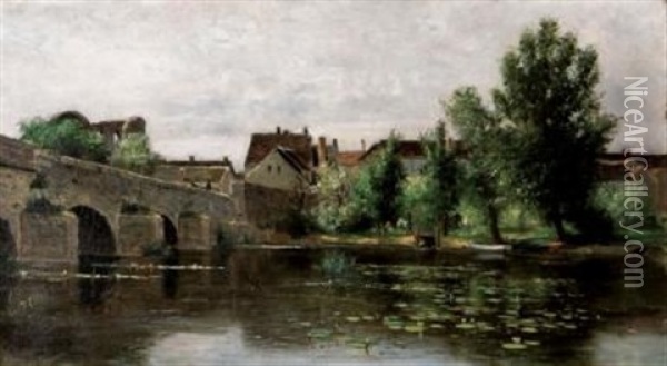The Old Bridge At Grez/queen Blanche's Chateau Sur Loinge Oil Painting - James Macdonald Barnsley