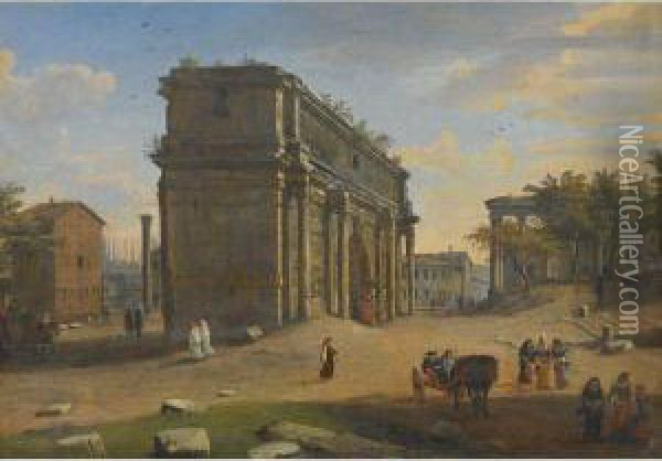 View Of The Campo Vaccino With The Arch Of Septimius Severus Oil Painting - (circle of) Wittel, Gaspar van (Vanvitelli)